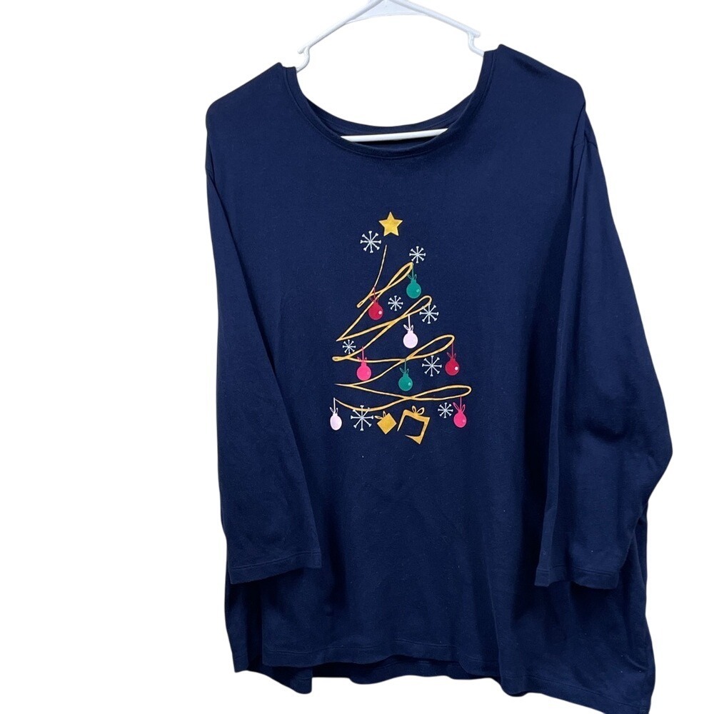 Christmas Tree Top Navy Blue‎ Holiday Graphic Tee Long Sleeve Shirt
